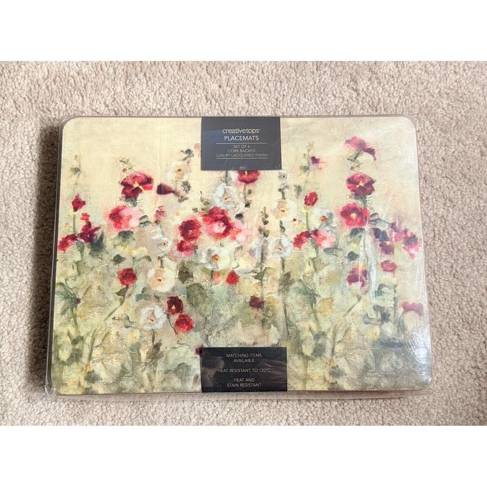 Brand New Set 6 Cork Backed Luxury Lacquered Finish Red Floral Pattern Placemats